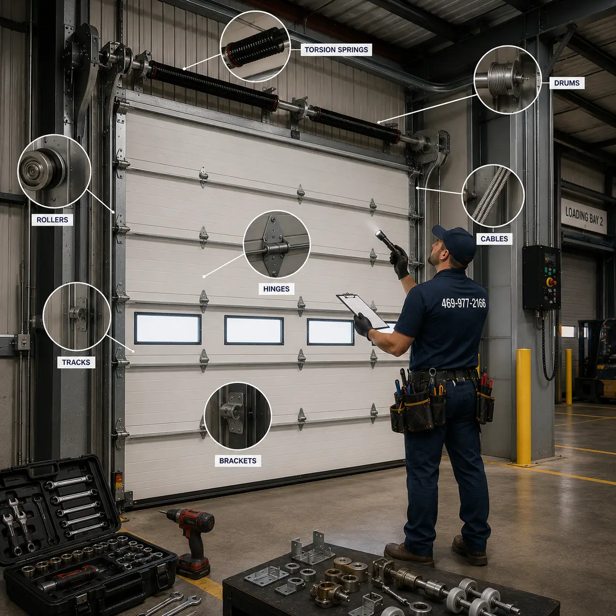 Technician inspecting commercial door components