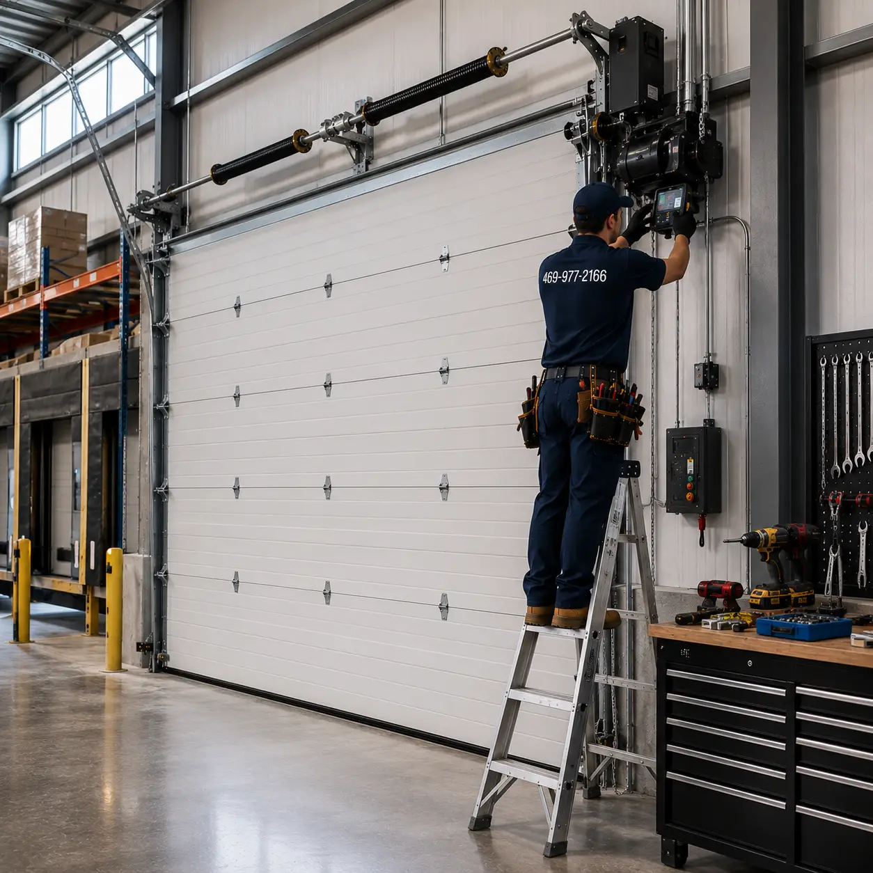 Technician installing a commercial garage door operator