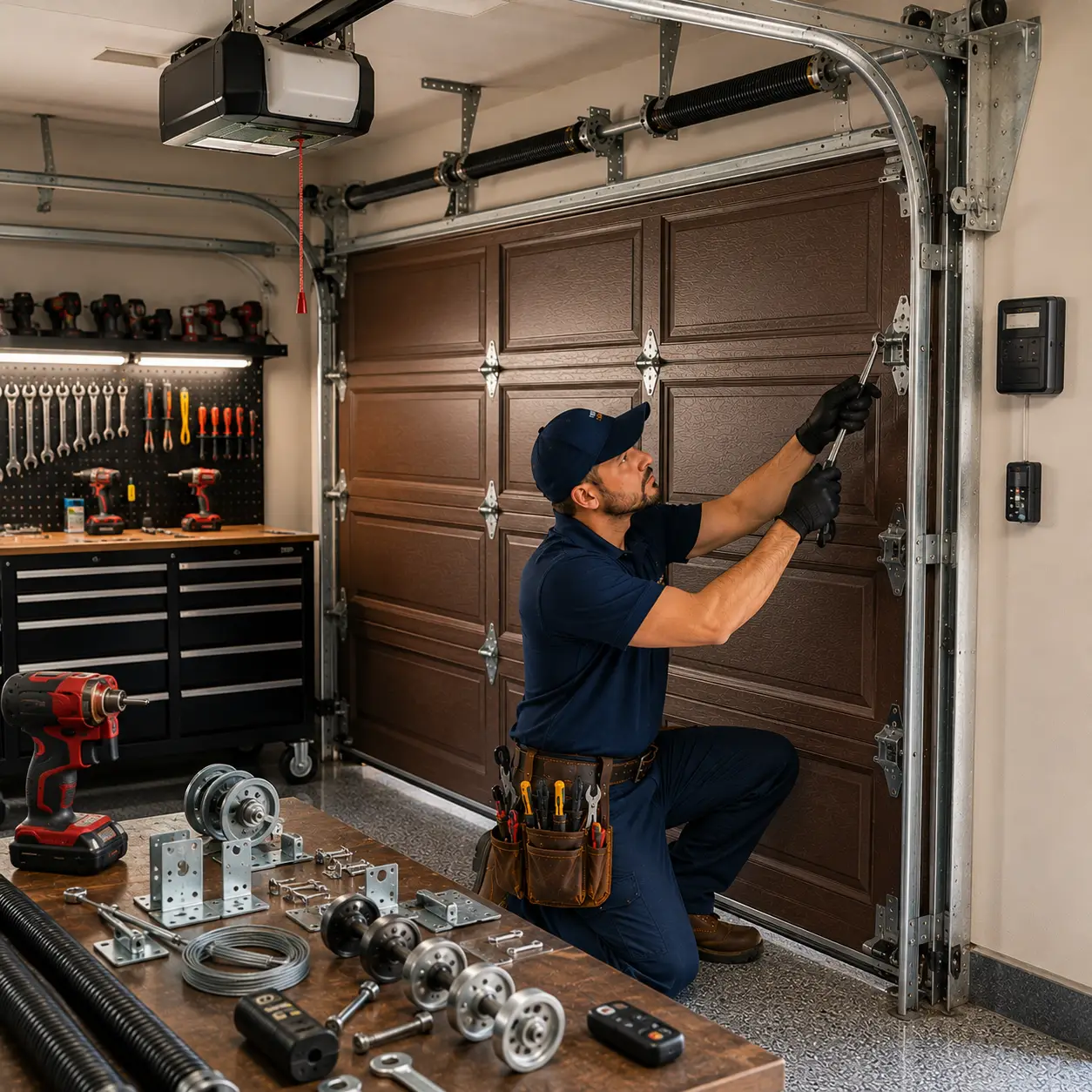 Professional technician repairing a garage door system