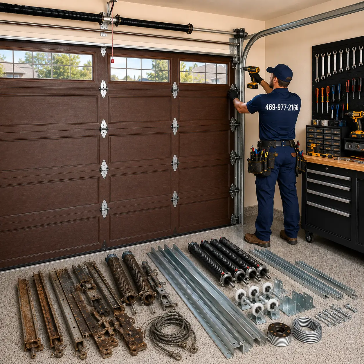 Technician replacing garage door components