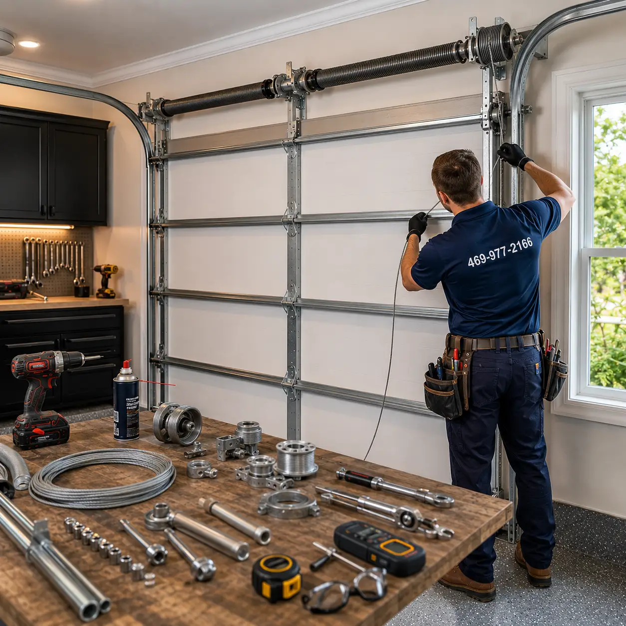 Technician inspecting garage door lift cables