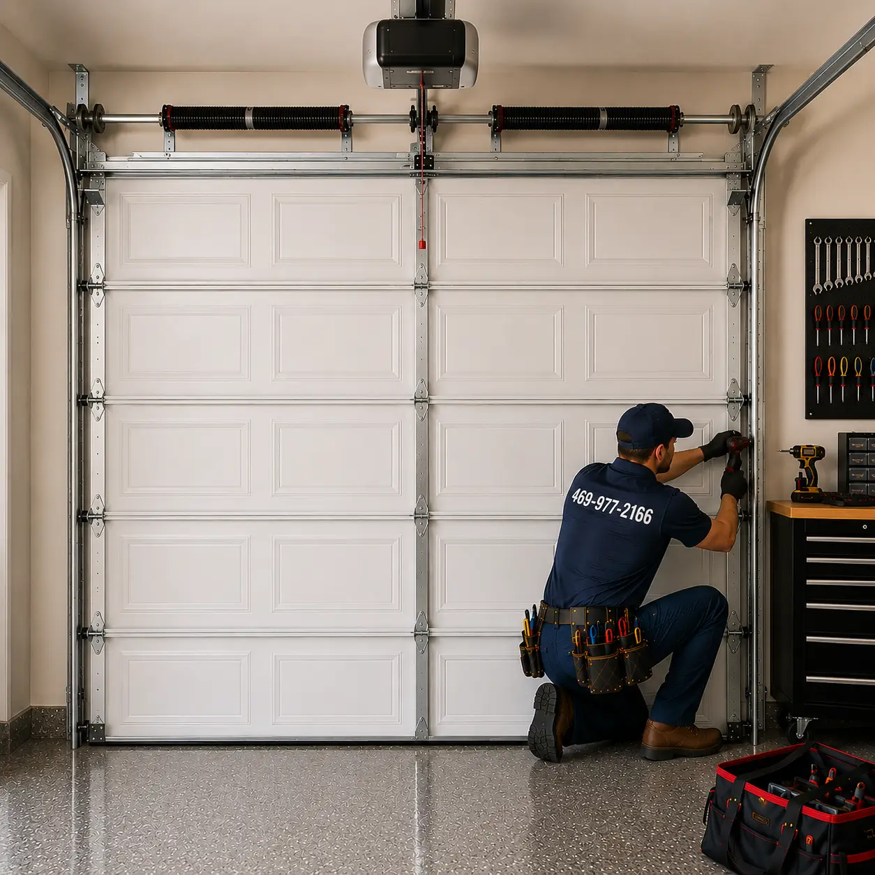 Technician inspecting garage door system