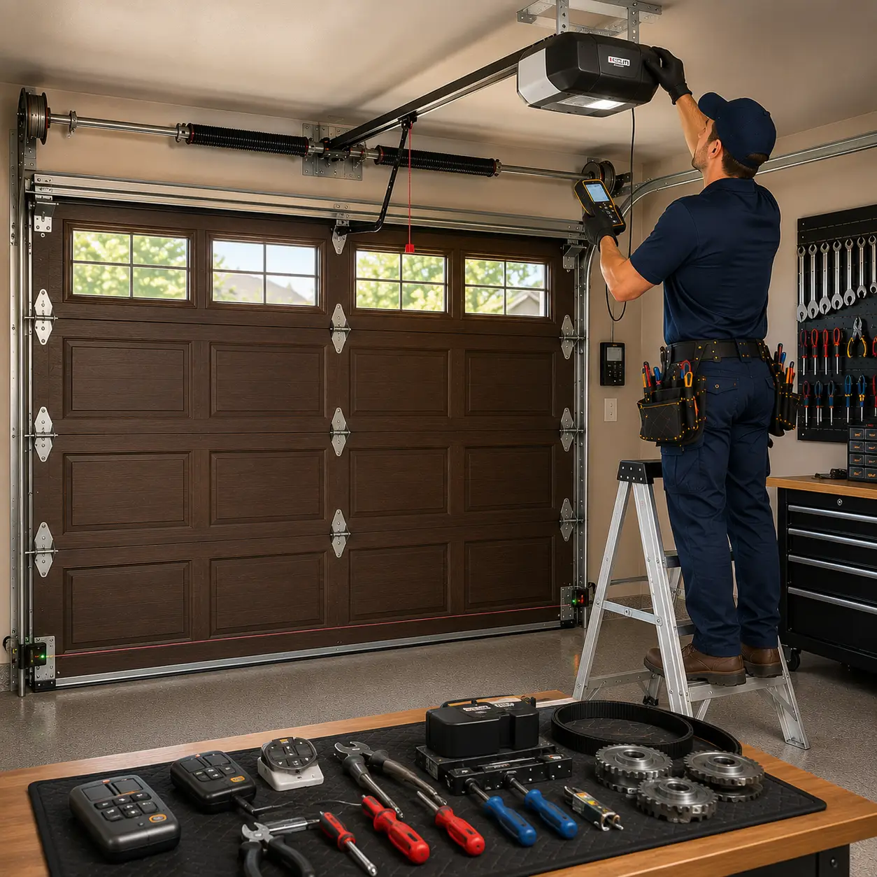 Technician calibrating a garage door opener