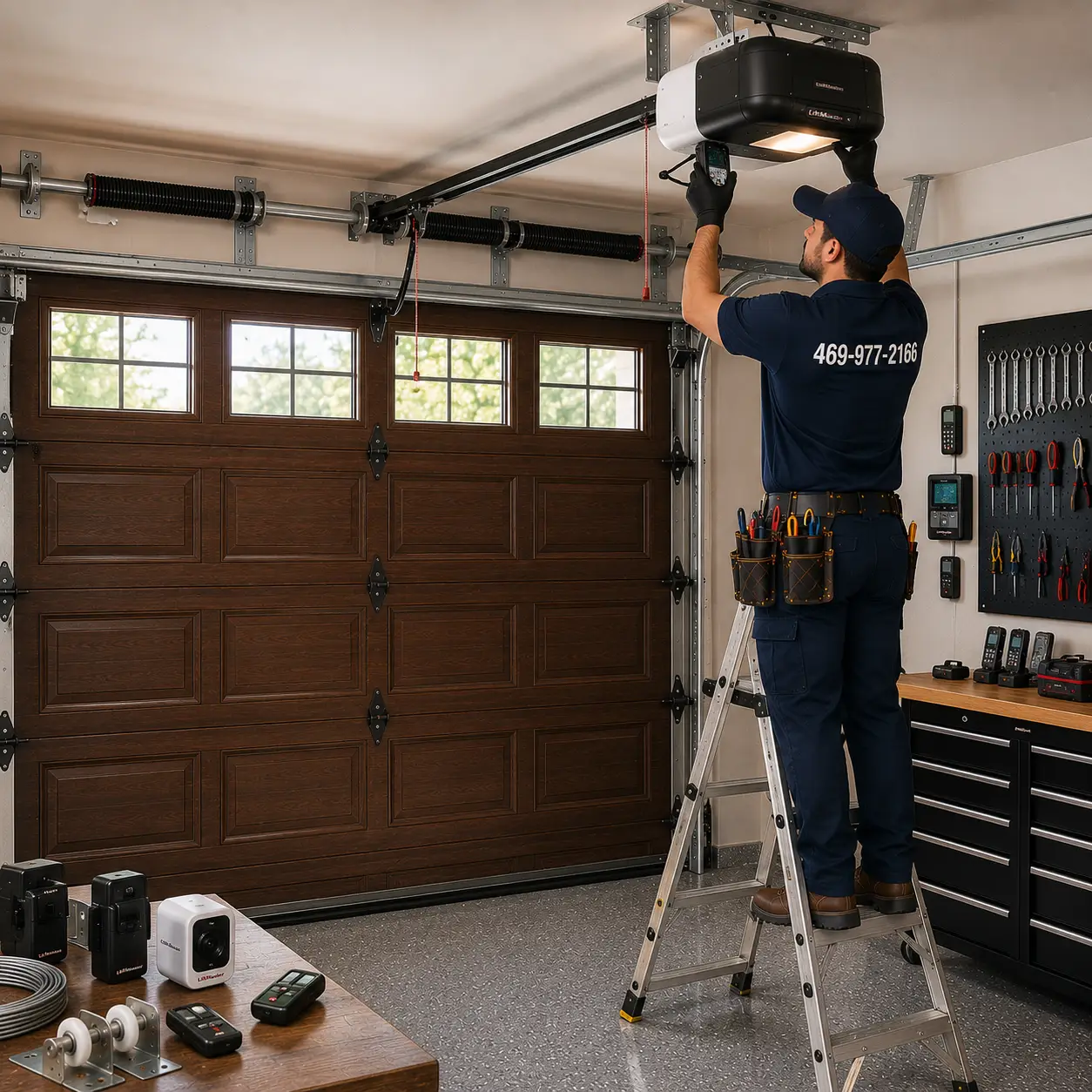Technician installing a garage door opener
