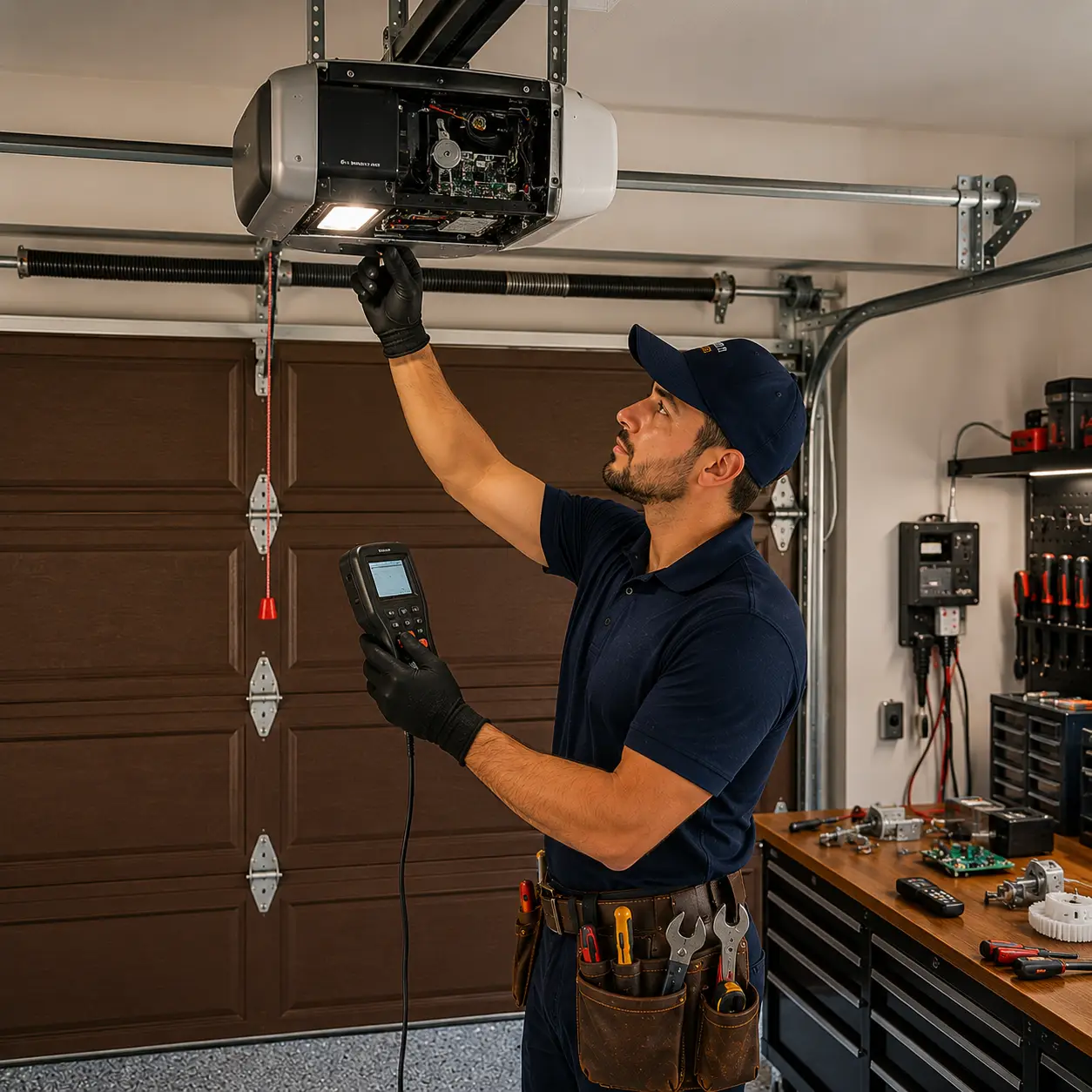 Technician repairing a garage door opener