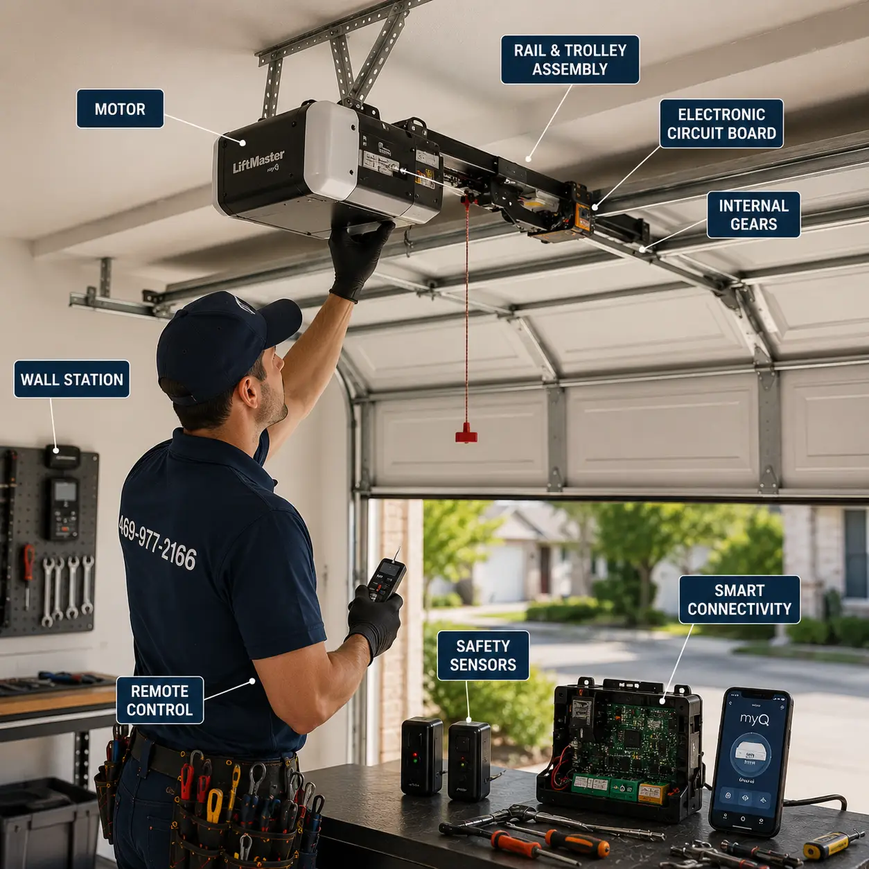 Technician inspecting a garage door opener system