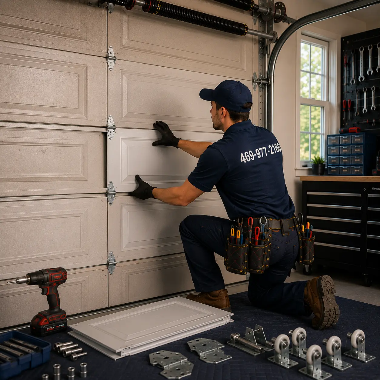Technician replacing a garage door panel