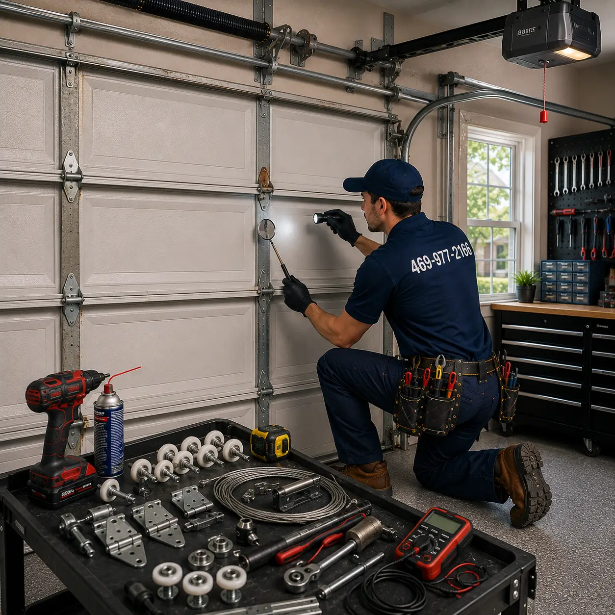 Technician inspecting garage door parts for wear