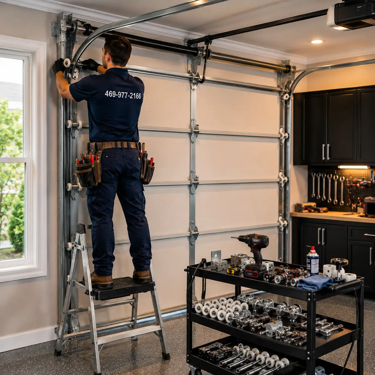 Technician replacing garage door rollers