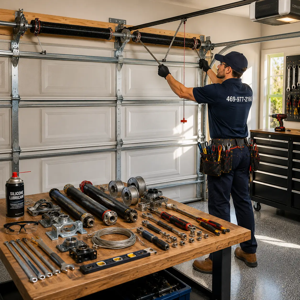 Technician adjusting garage door torsion springs