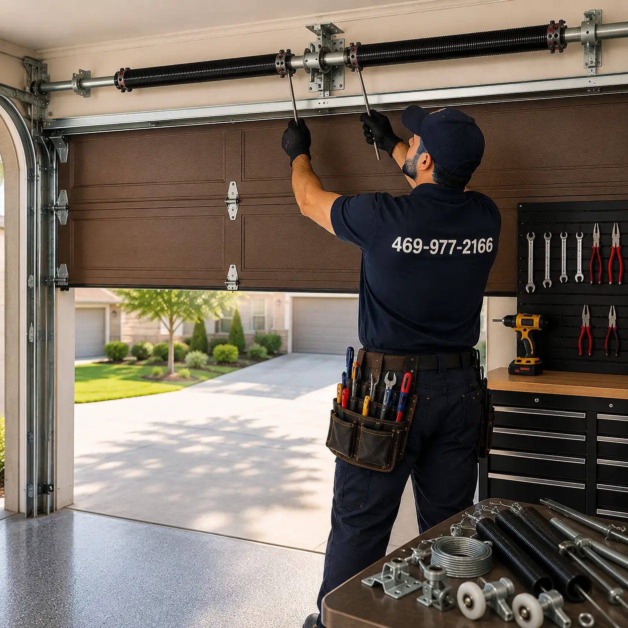 Technician repairing garage door torsion springs