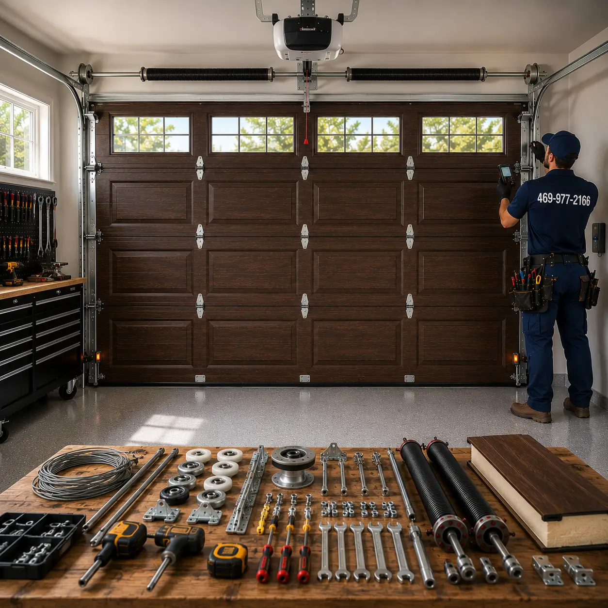 Technician inspecting garage door components