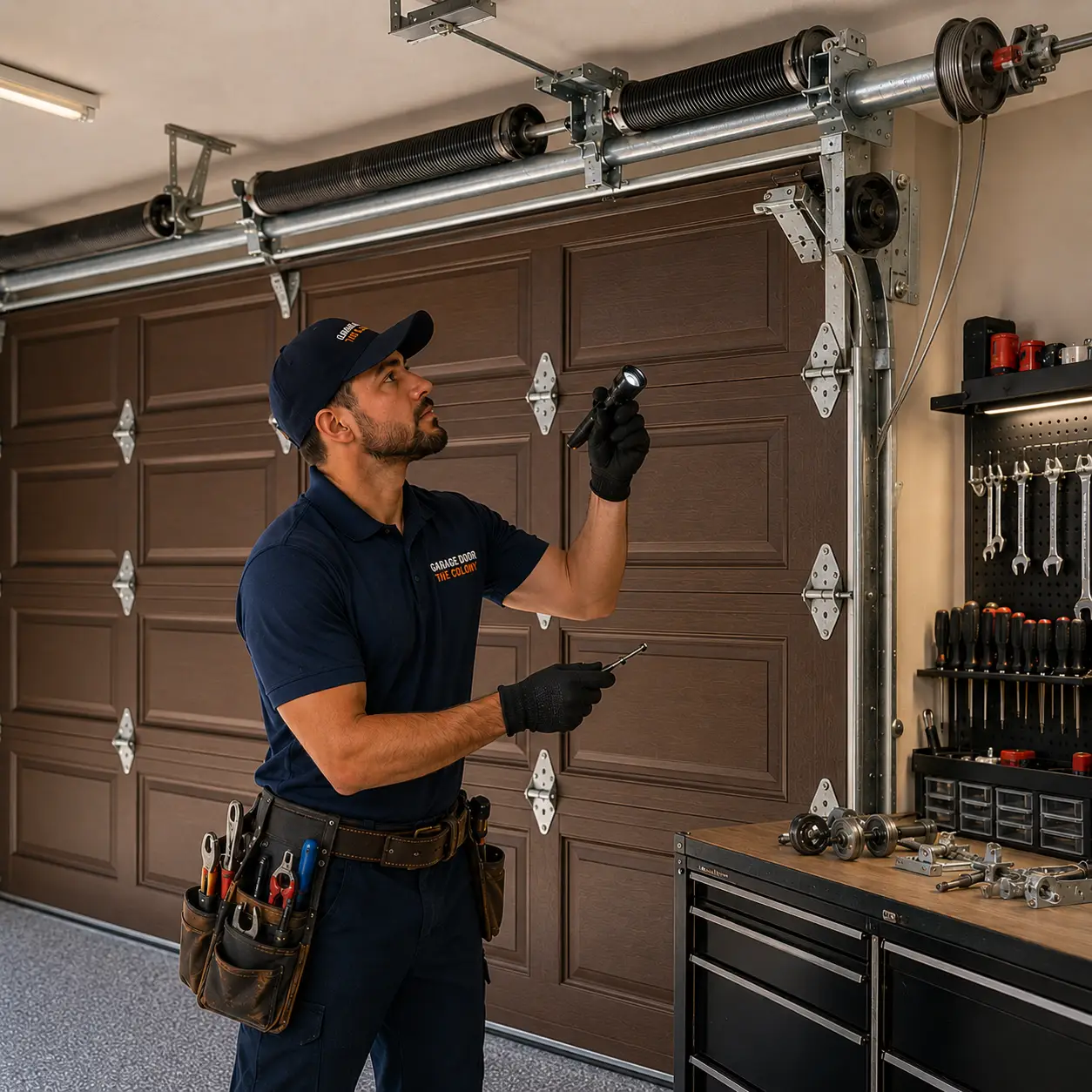 Technician inspecting a garage door system