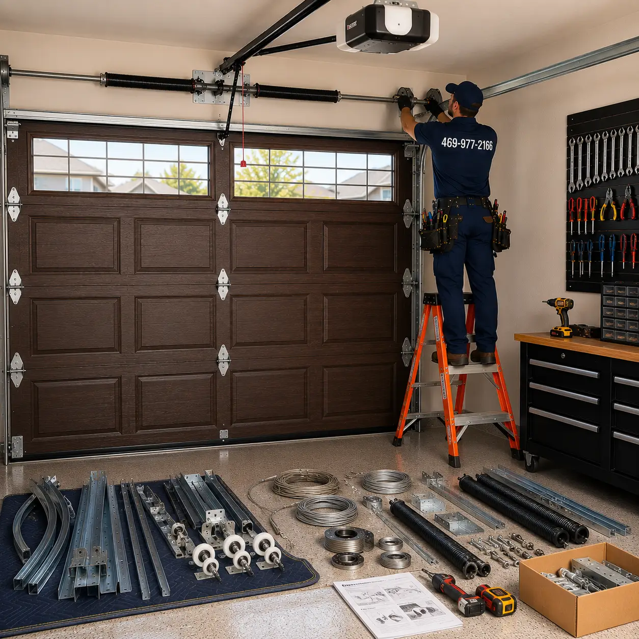 Technician installing a complete garage door system