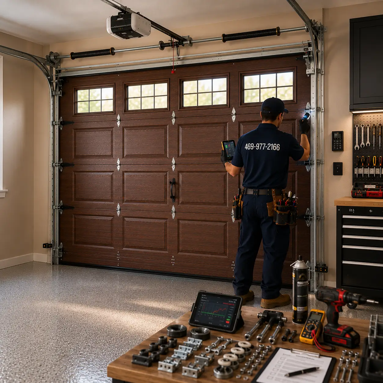 Technician inspecting garage door system
