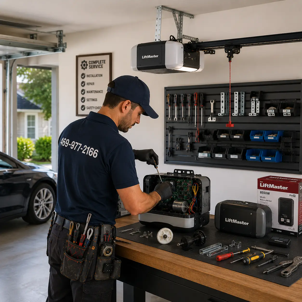 Technician installing a garage door opener
