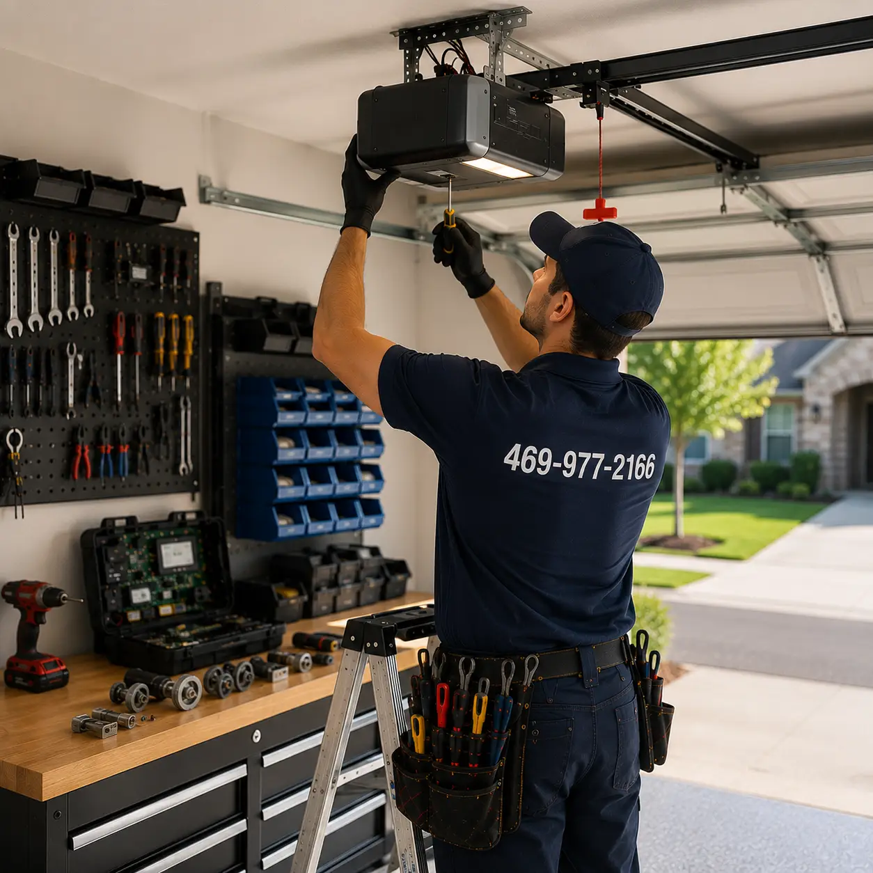 Technician repairing a garage door opener