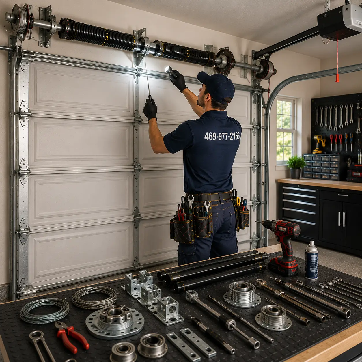 Technician inspecting garage door spring hardware