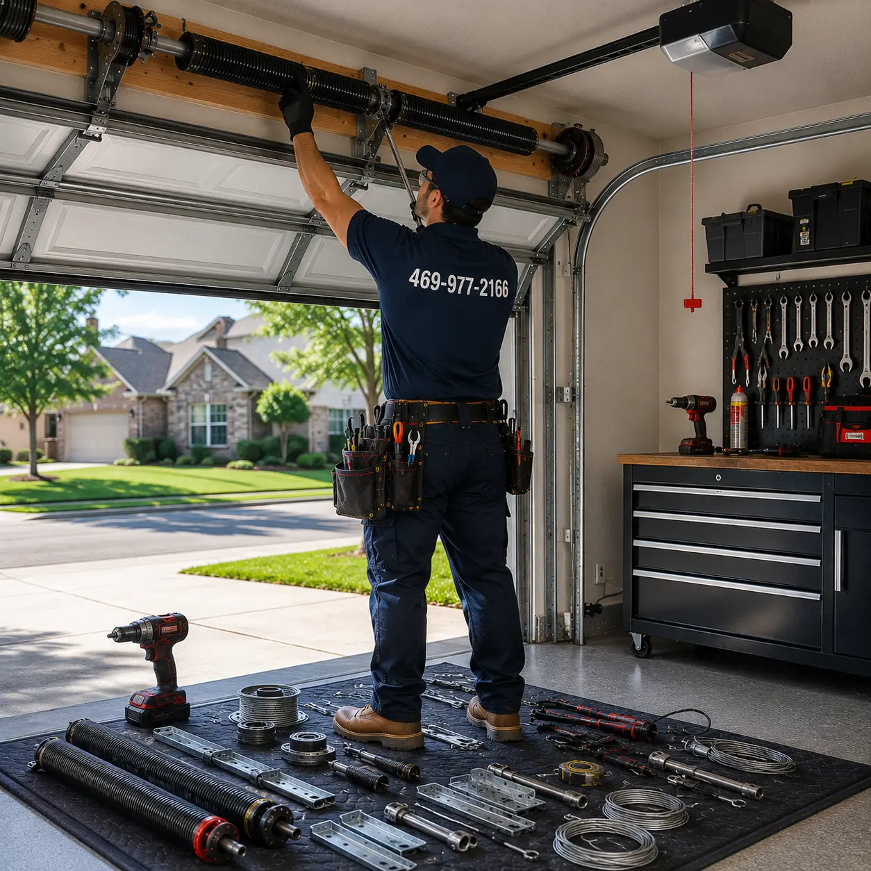 Technician selecting garage door spring system