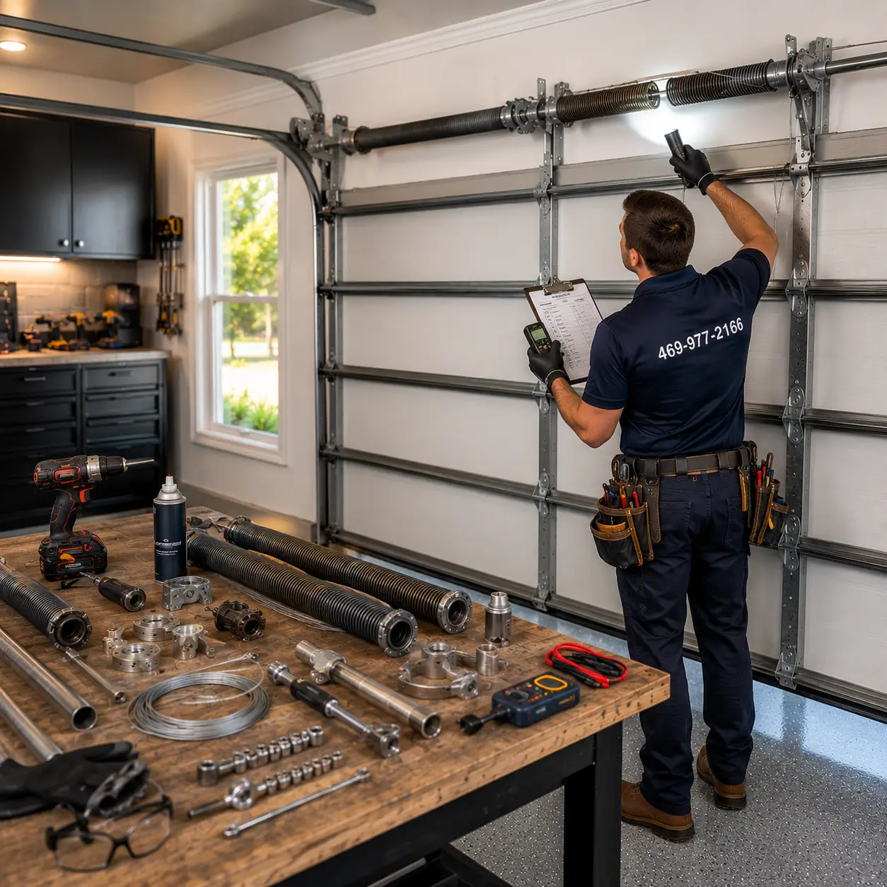 Technician inspecting worn garage door springs