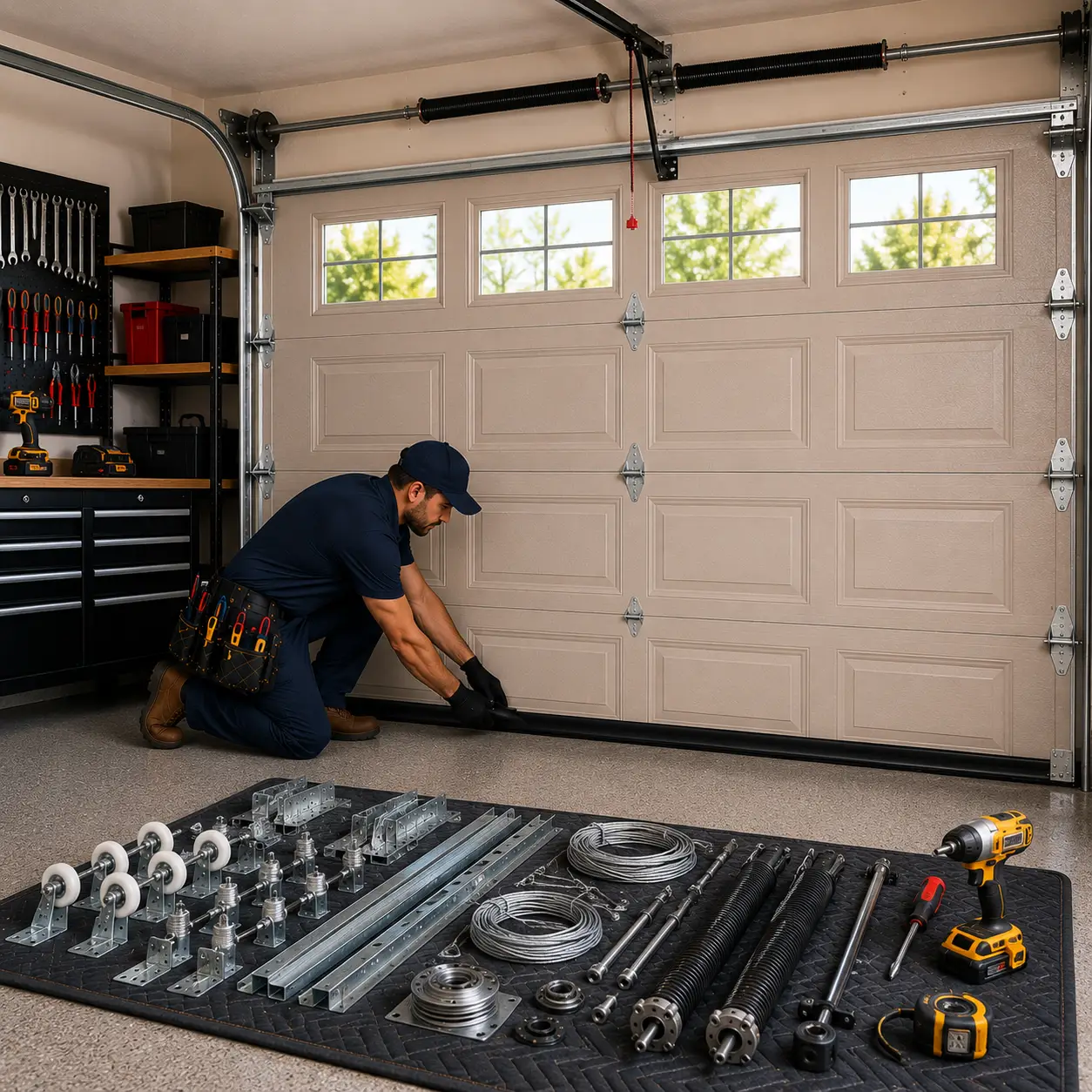 Technician installing an insulated garage door