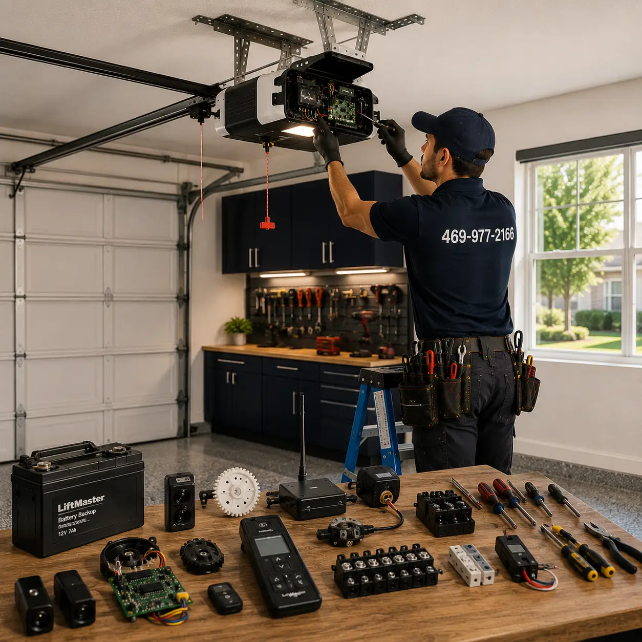 Technician servicing garage door opener components