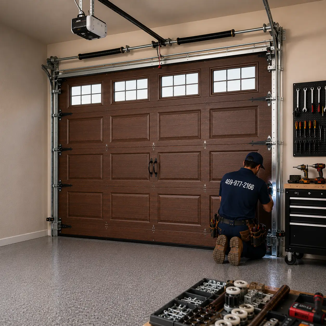 Technician repairing a residential garage door
