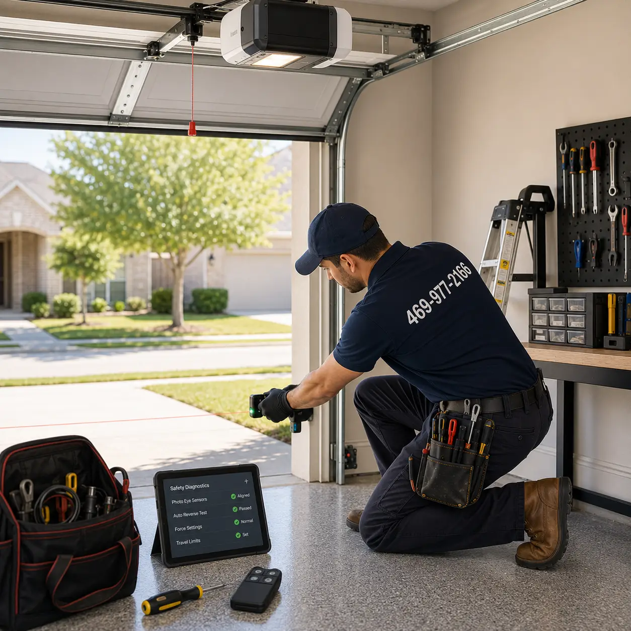 Technician aligning garage door safety sensors